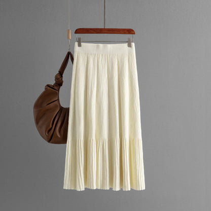 ZllKl Hot trade New Korean version of solid color knitted skirt, fashionable, simple and versatile, high waist and thin pleated skirt, medium and long women