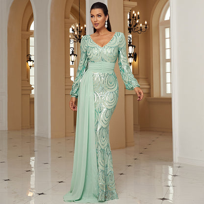 r 2025 temperament long-sleeved sexy long sequined V-neck banquet streamer evening dress bridesmaid dress women