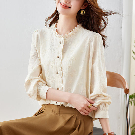 Cotton cocoon, apricot embroidered shirt women's long sleeves 2025 spring lace fungus collar top pure cotton women's shirt