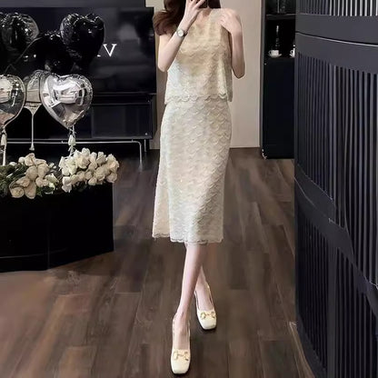 2025 popular Summer New  Light Luxury Celebrity Lace Embroidery Crew Neck Sleeveless Top Women's Skirt Two-piece Set