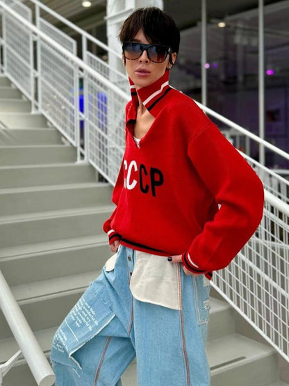niche letter jacquard V-neck sweater women's winter casual loose lazy wind versatile pullover knitted sweater