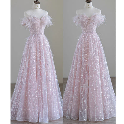 2025 Pink feather evening dress women's high sense one-word shoulder toast dress bride fairy temperament socialite engagement banquet princess dress