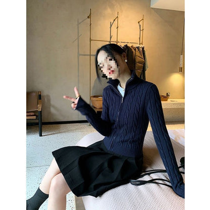 Black twisted flower long-sleeved knitted sweater women's clothing 2025 autumn and winter new zipper cardigan slim-fit sweater jacket