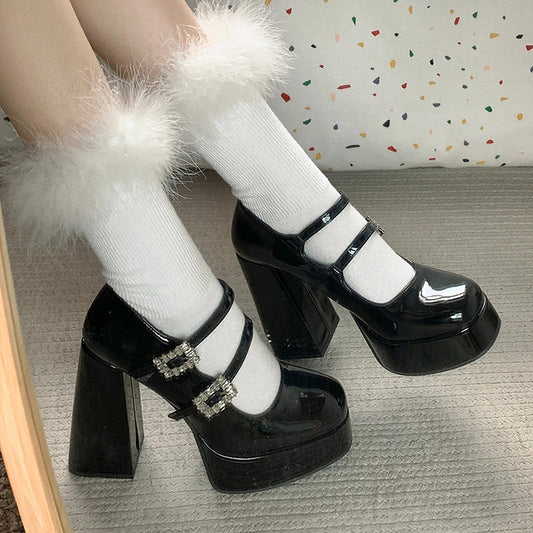 2025  OMG~ Thousand Gold White Moonlight High Heels are so pure! Super high heel Mary Jane waterproof table thick heel hollow single shoes