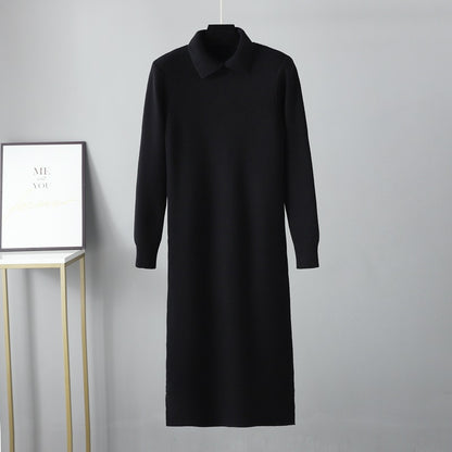 ZllKl POLO Neck Knitted Dress Long Sleeve Sweater Bottom Skirt Autumn and Winter New Medium and Long Skinny Bottom Knee Long Skirt