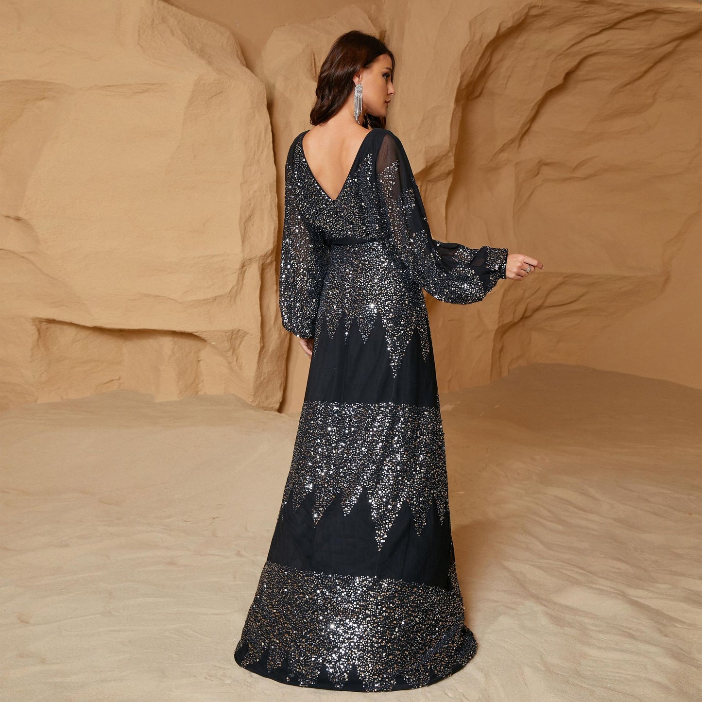 Popular New 2025  long skirts, long-sleeved sequined evening dresses, chiffon V-neck split waist dresses, women's clothing