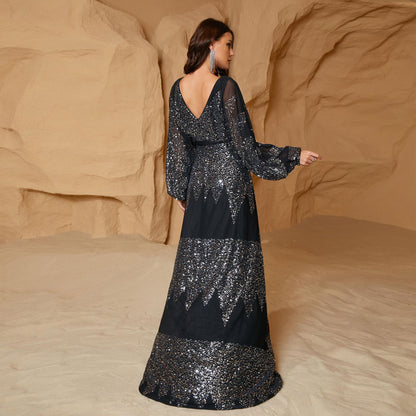 Popular New 2025  long skirts, long-sleeved sequined evening dresses, chiffon V-neck split waist dresses, women's clothing