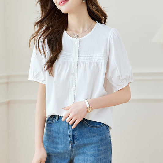 Cotton cocoon, summer pure cotton lace splicing short-sleeved shirt women's commuter Korean version loose age-reducing versatile shirt