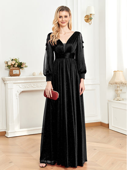 2025 new long-sleeved evening dress women's banquet sexy temperament slit V-neck banquet dress Popularan warehouse supply