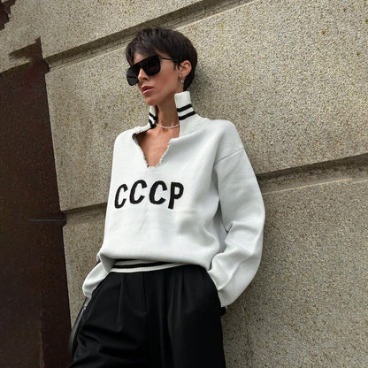 niche letter jacquard V-neck sweater women's winter casual loose lazy wind versatile pullover knitted sweater