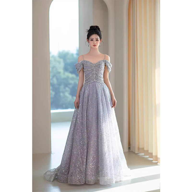 2025 light luxury banquet evening dress 2025 new suspender heavy industry fluffy long dress birthday party party dress