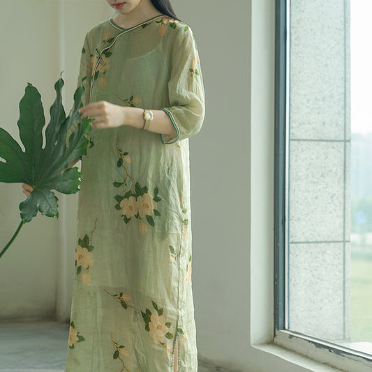 design Chinese diagonal placket digital printing oriental dress, Zen national style clear long dress L22212