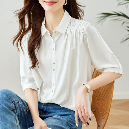 direct sales lapel single-breasted temperament lady shirt summer new shoulder pleated design niche top