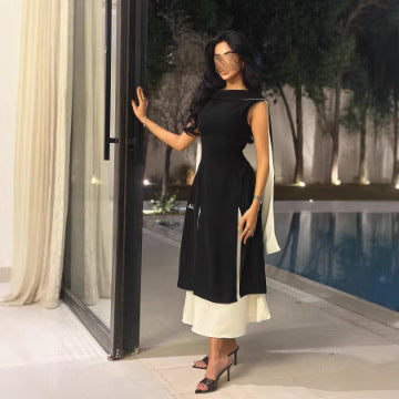 2025 spring and summer new 2025 Popular trade women's clothing Middle East New round neck color matching sleeveless slim temperament retro dress
