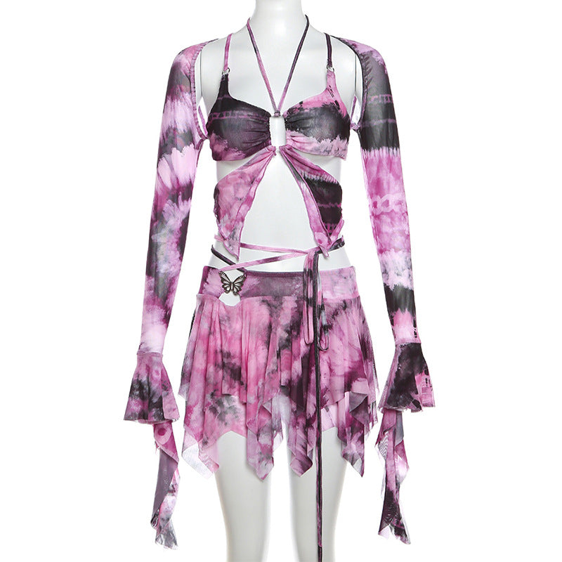 ZllKl  European and American Women's Clothing Spring and Summer New Sweet Bell Sleeve Butterfly Print Lace-up Tassel Sexy Cutout Skirt Outfit