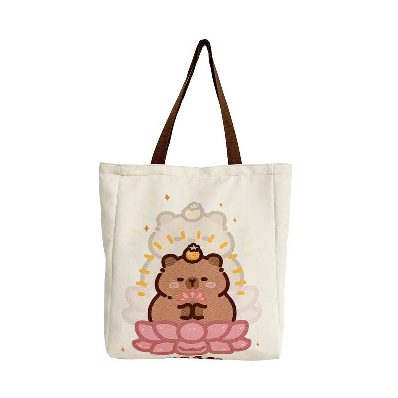2025 ZLLKL Small fresh cartoon kapibara canvas bag popular new simple student make-up bag large capacity tote bag women
