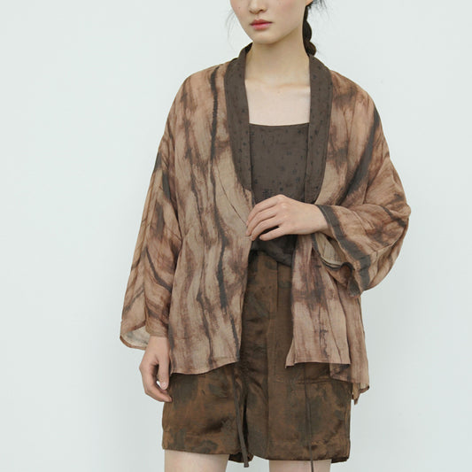 light Chinese style ramie loose lace-up cardigan, Hanfu contrasting color sunshade top shirt S24248