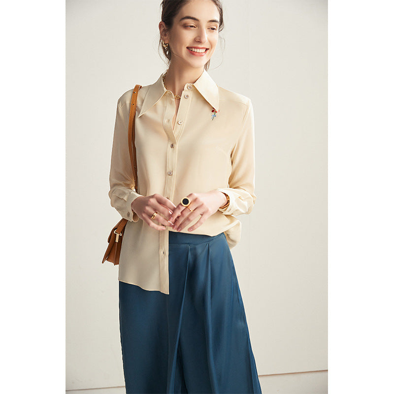 Silk shirt women's mulberry silk  spring and summer new long-sleeved age-reducing embroidered lapel fashion niche top