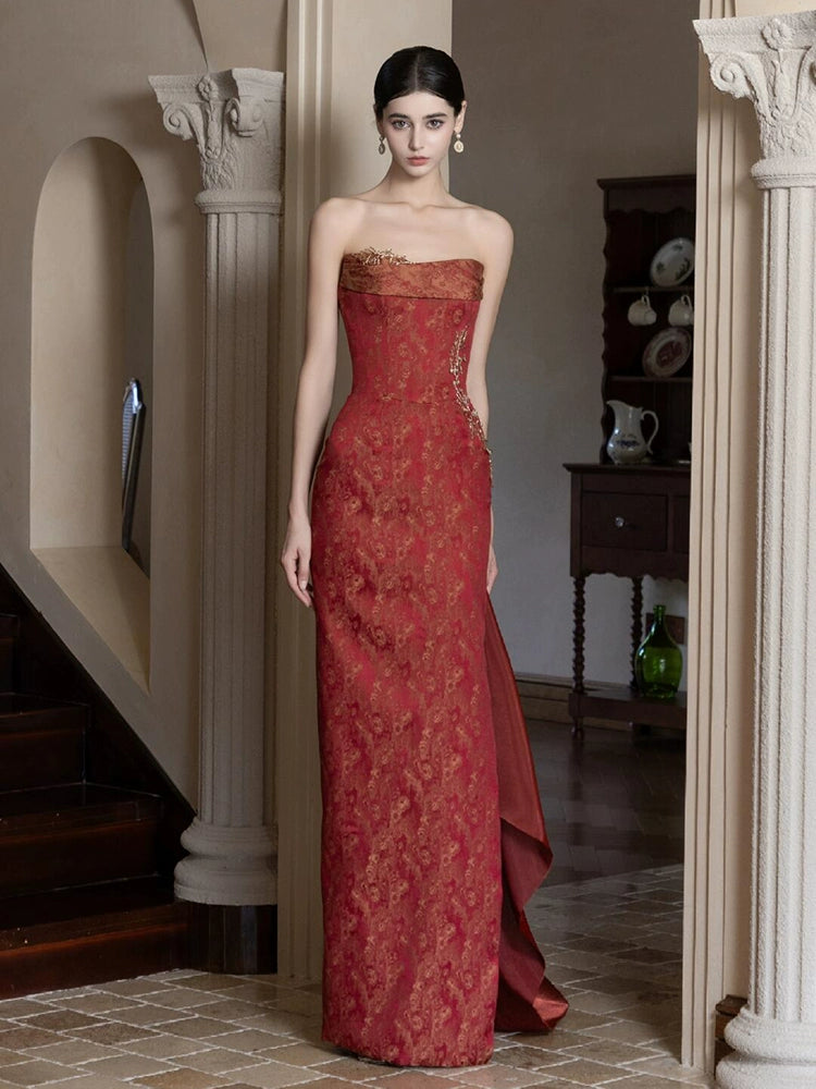 New Chinese evening dress bride red tube top high sense light luxury morning robe retro engagement banquet return toast dress