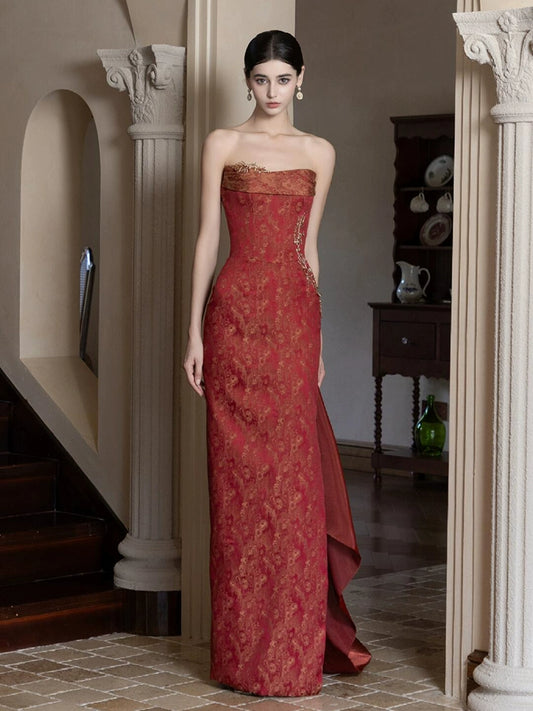 New Chinese evening dress bride red tube top high sense light luxury morning robe retro engagement banquet return toast dress