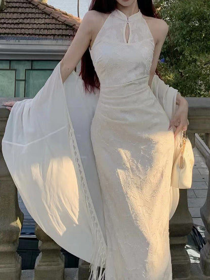 2025 Spring and summer new Chinese suit dress women's cold sense retro improved cheongsam white long dress bat sleeve cardigan