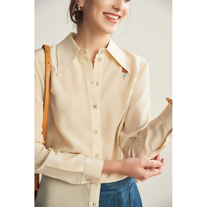 Silk shirt women's mulberry silk  spring and summer new long-sleeved age-reducing embroidered lapel fashion niche top