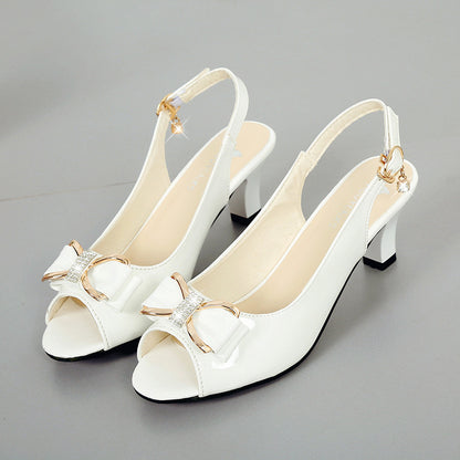 ZllKl  New Peep Toe Solid Color Sandals Summer Women's Chunky Heel High Heel Shoes Korean Style Fashion Bowknot Rhinestone Mid Heel Sandals