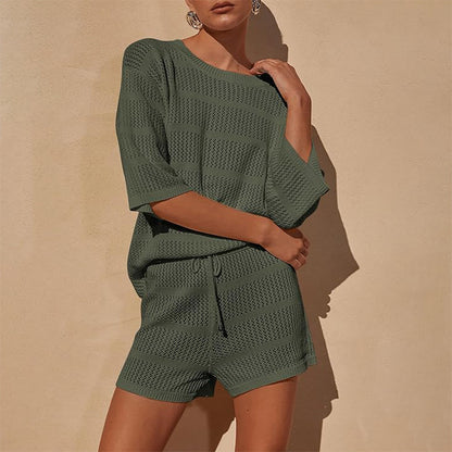 zllkl  European and American Style Women Summer 2-Piece Set Blouse Openwork Knitted Top Shorts Vacation Beach Casual Suit