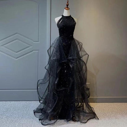 2025 Black sequined evening dress dress women 2025 new dress trailing party host adult evening dress one hair