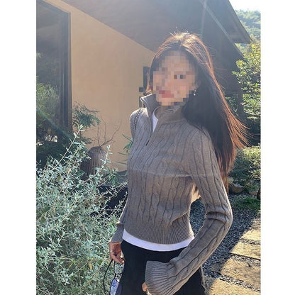 Black twisted flower long-sleeved knitted sweater women's clothing 2025 autumn and winter new zipper cardigan slim-fit sweater jacket