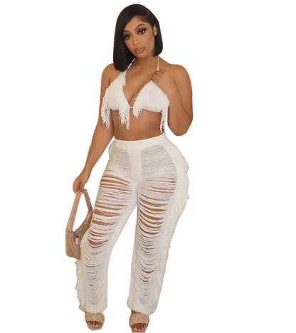 2025 supply New  women's clothing Solid color bikini fringed knitted beach pants suit Sexy and fresh