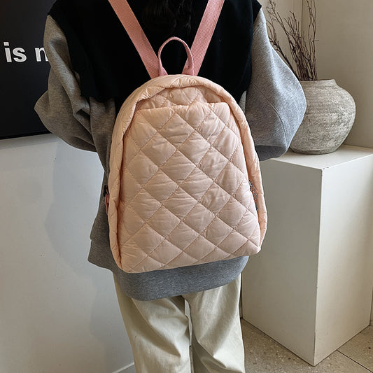 ZLLKL 2025 New casual large-capacity backpack, rhombus embroidered thread backpack, simple solid color fashion cotton clothing bag, going out commuting bag