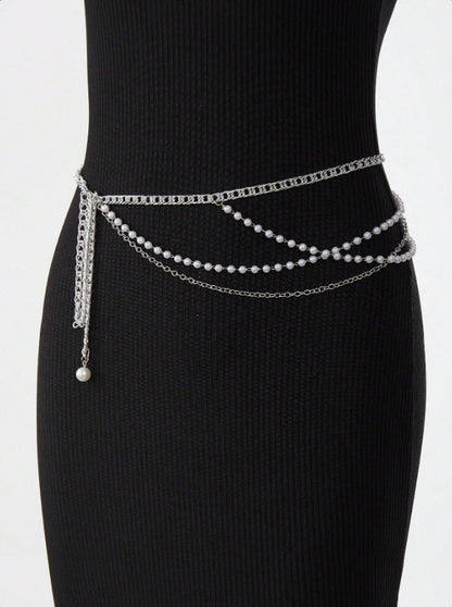 FB3354 2025 waist chain pearl chain metal chain cross wave fringe pendulum chain waist chain body chain
