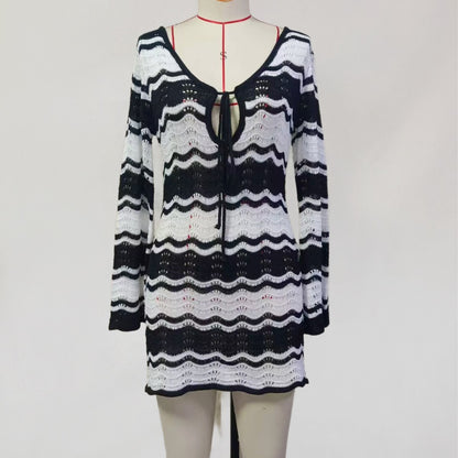 ZLLKL 2025 New products in !!  beach skirts, women's stripes, sexy hollow beach bikini swimwear, blouse, sunscreen clothing