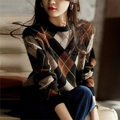 Retro style contrasting color knitted sweater autumn and winter new British rhombus plaid sweater women wear foreign style bottoming top