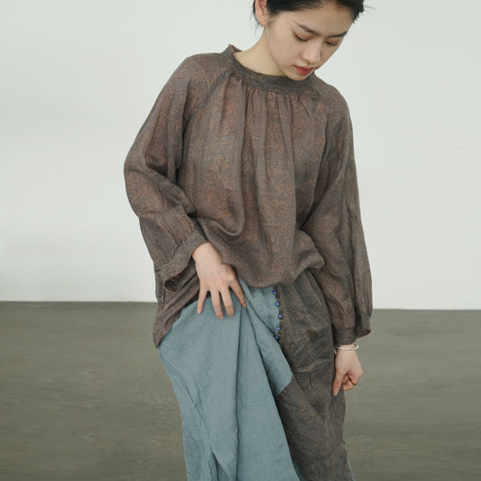 nostalgic retro digital printing loose shirt, casual literary semi-turtleneck ramie top S22300