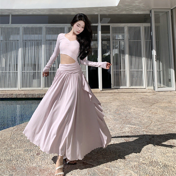 2025 Autumn new long-sleeved pure desire temperament hollow high waist thin folds irregular inner cover bottom dress women
