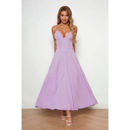 ZllKl  Spring/Summer Cross-Border Women's Clothing Solid Color  Hepburn Style Strap Dress Tube Top Stitching Midi Dress