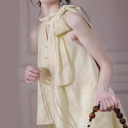 2025 Bamboo rhyme Zen, jasmine light yellow, Lyocell neck shirt + shorts set women's popular summer new