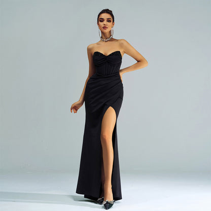 r 2025 women's clothing new high-end one-word collar chest-wrapped hip-wrapped split banquet evening dress bridesmaid dress