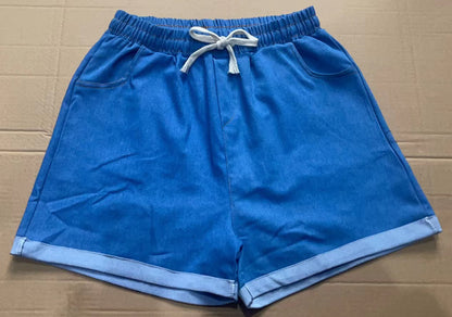 2025 New Summer Korean Style Loose All-Match Casual Stretch Denim Shorts Women's High Waist Drawstring Wide-Leg Straight Pants