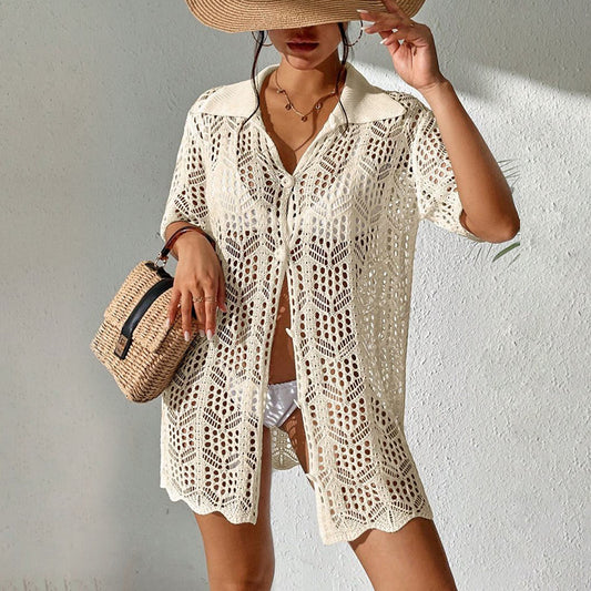 2025 Popular,  popular summer new beach skirt women solid color sexy knitted beach bikini swimsuit blouse sunscreen clothing