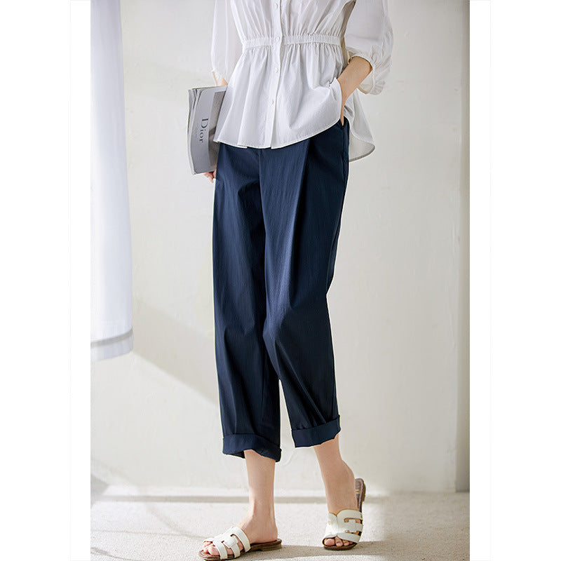 2025 Japanese thin crescent pants high-end nine-point pants casual pants women's thin elastic waist white gray women's clothing spring and summer