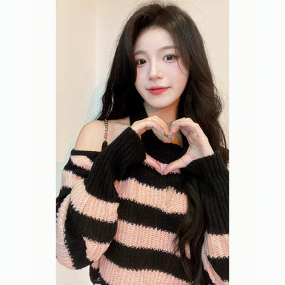 Small Spice Girl Chain Off-Shoulder Pink Pullover Hollow Striped Short Long Sleeve Knitted Sweater Top Women's Autumn and Winter