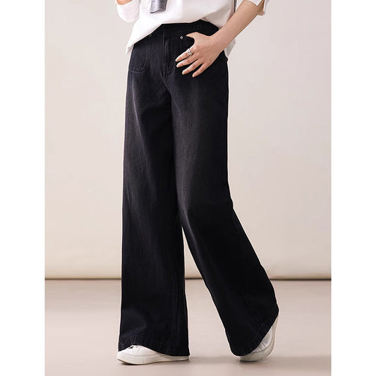 2025 Cotton retro wide-leg casual jeans, black loose high-waisted trousers  spring and autumn new women's pants