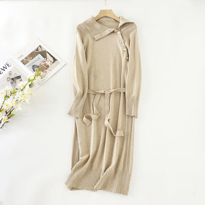 ZllKl Medium and long turtleneck sweater women's autumn and winter lazy  style with coat knitted skirt knee temperament dress