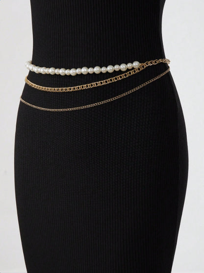 FB3363 2025 waist chain simple pearl chain metal chain wavy tassel side pendulum chain combined waist chain