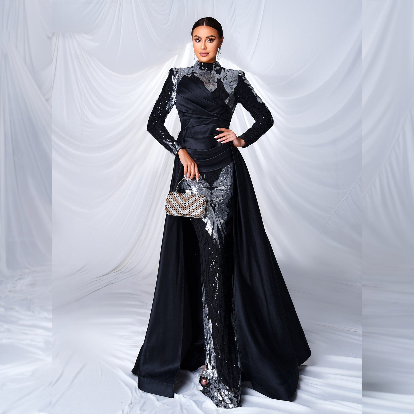 r 2025 high-end long-sleeved temperament round neck long sequined banquet fishtail evening dress bridesmaid dress women