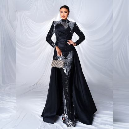 r 2025 high-end long-sleeved temperament round neck long sequined banquet fishtail evening dress bridesmaid dress women