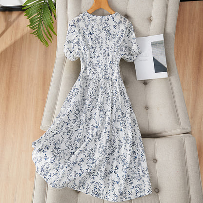 direct sales new Chinese style small floral pure cotton dress women's short sleeve summer new elegant temperament medium and long dress